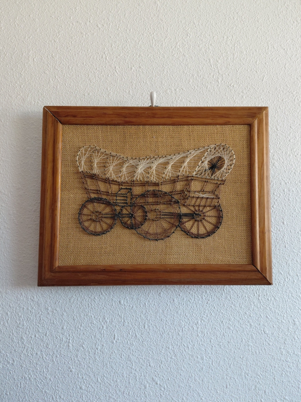 MC Covered Wagon String Art Framed Wall Hanging Retro 1970s Kitsch Western.
